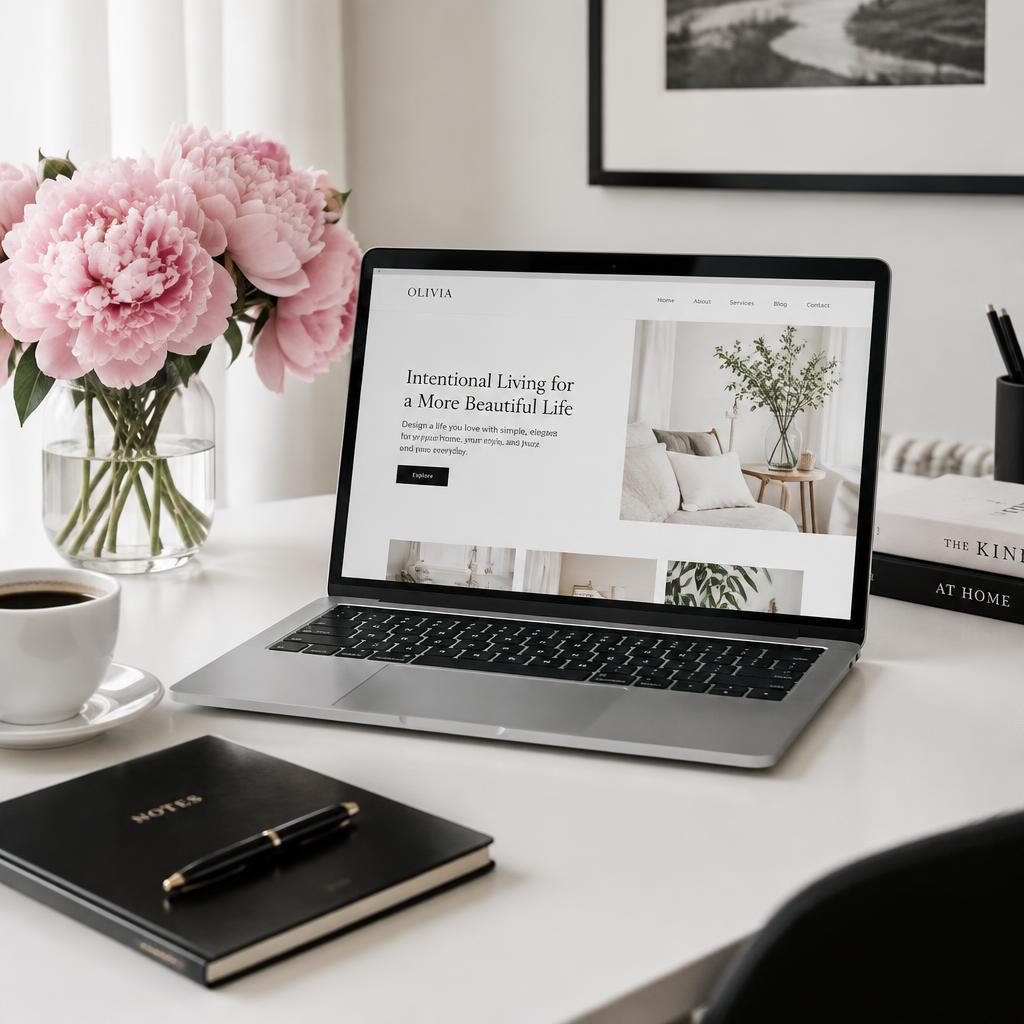 Notebook exibindo um site elegante em uma mesa com flores rosa